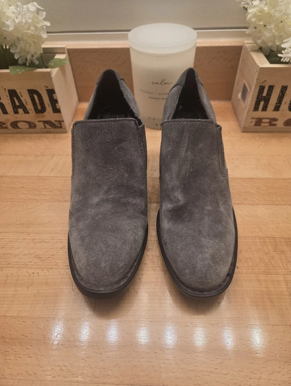 Born Womens Fredrika Boots Size 7 Gray Distressed Suede Bootie Mid Block Heel